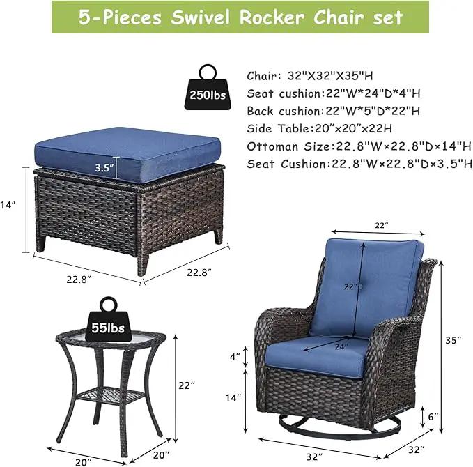 Outdoor Wicker Patio Furniture Set - 5 Pieces Rattan Patio Conversation Set with 2 Rocking Swivel Chairs,2 Ottomans and 1 Side Table for Porch Deck Backyard Garden(Brown/Blue) by GreenHaven Gardens