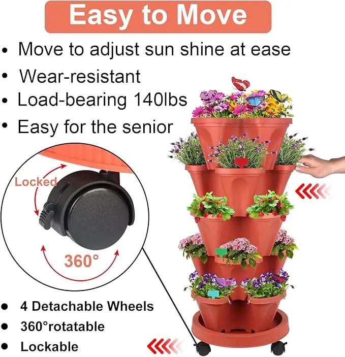 Vertical Planter, 5 Tier Stackable Strawberry Planter with Garden Tool Set, Movable Indoor/Outdoor Garden Herb Pot for Growing Vegetables and Succulents, Red by GreenHaven Gardens