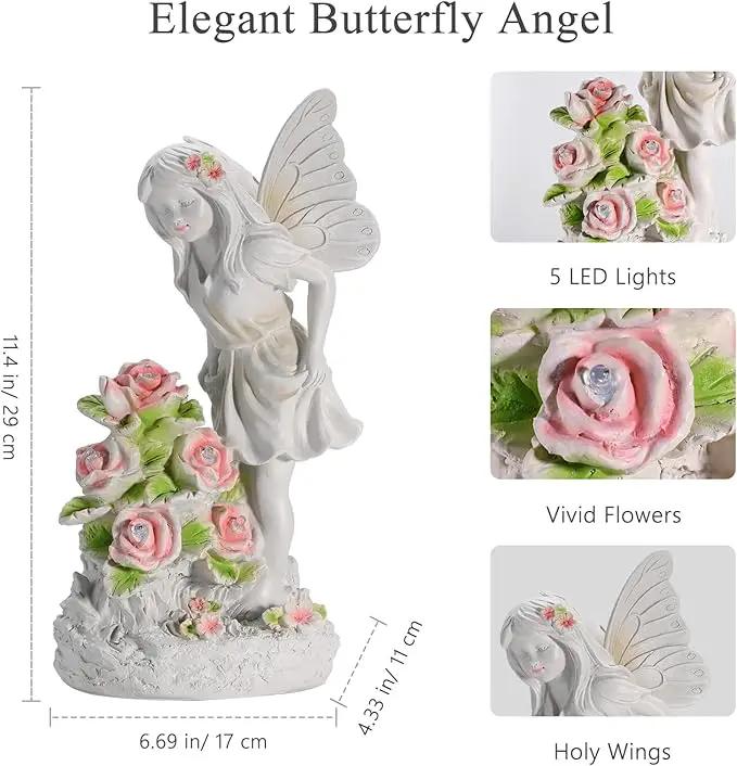 Angel Garden Statue, Guardian Solar Garden Decor with Warm Light, Waterproof Butterfly Angel Figurine with Flowers, Outdoor Garden Decor Sculpture for Lawn Yard Patio Windowsill, White by GreenHaven Gardens