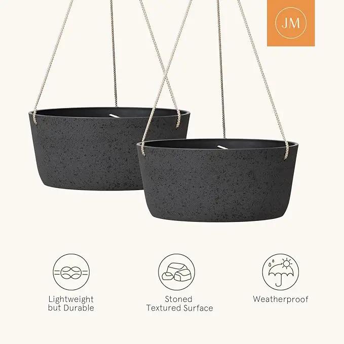 La Jolie Maison Large Hanging Planters - 12 Inch Outdoor Flower Pots, Hanging Garden Planters Set of 2, Black Charcoal by GreenHaven Gardens