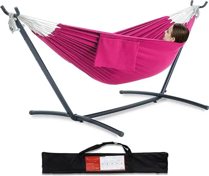PNAEUT Double Hammocks with Stand for Outside, Portable Space Saving Heavy-Duty Steel Stand for Indoor Outdoor Patio with Carrying Bag, 450 lbs Capacity (Rose Pink) by GreenHaven Gardens