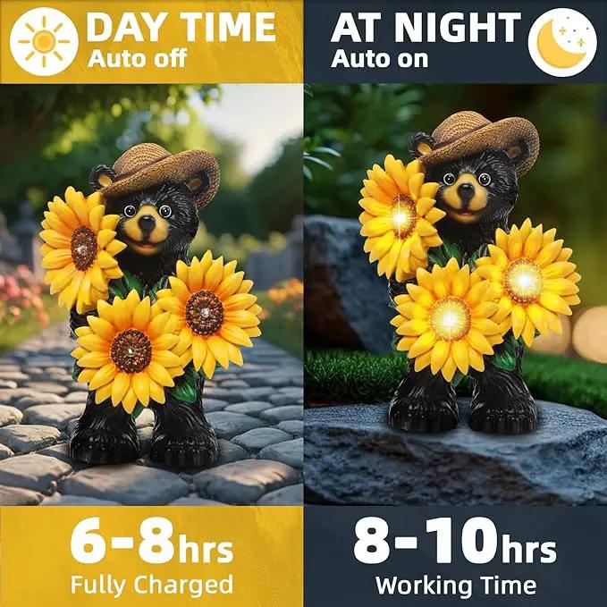Bear Statue with Sunflowers LED Light 7.2" Solar Lamp Outdoor Garden Patio Yard Porch Lawn Decor Waterproof Resin Black Bear Figurine Unique Garden Gifts for Women Mom Grandma Sister by GreenHaven Gardens