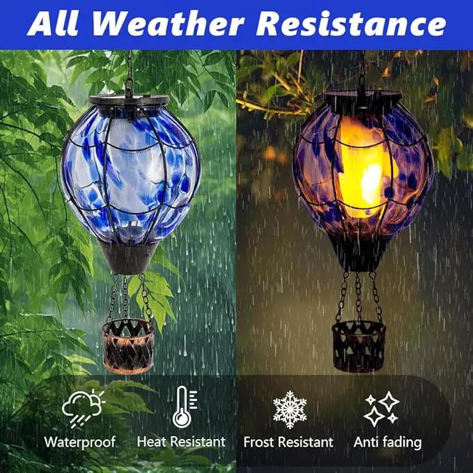 2PCS Solar Hot Air Balloon Lantern with Flickering Flame,Blue Glass Hot Air Balloon Solar Lanterns Outdoor Waterproof Hanging Decorative Light for Patio Porch Yard,Garden Gifts for Women by GreenHaven Gardens