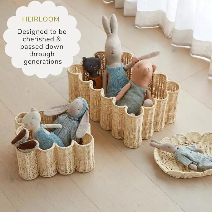 BEBE BASK Unique Wavy Scalloped Basket Set Of 2 - Scallop Basket - 16 x 10 x 7 In - Hand-Woven Elegant Wicker With Scalloped Edge Lid - Nursery Storage - (Earthy) by GreenHaven Gardens