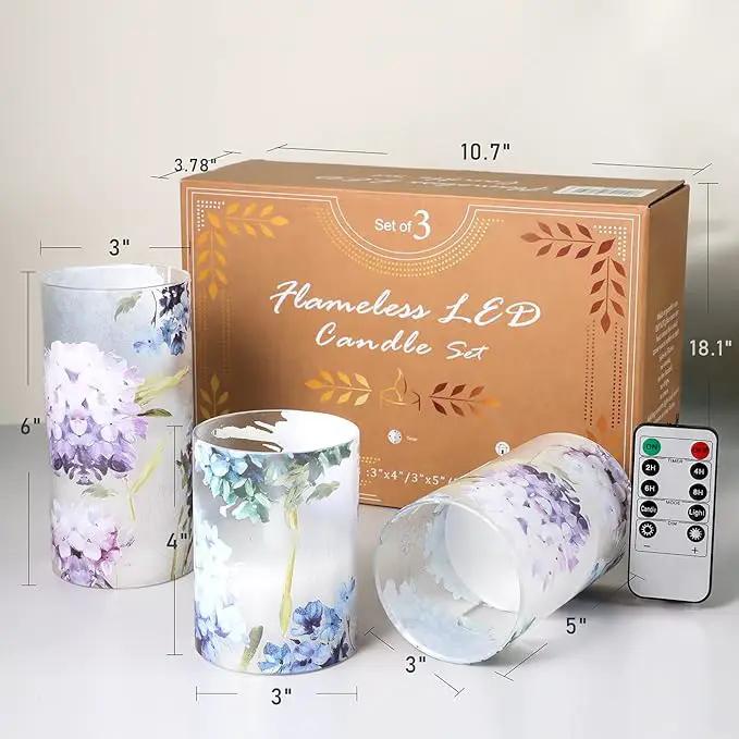 Floral Flameless Candles Decorative Battery Operated with Remote Hydrangea Flowers Romantic Lovers Flickering Pillar Candles for Wedding Tray Centerpiece Home Decor by GreenHaven Gardens