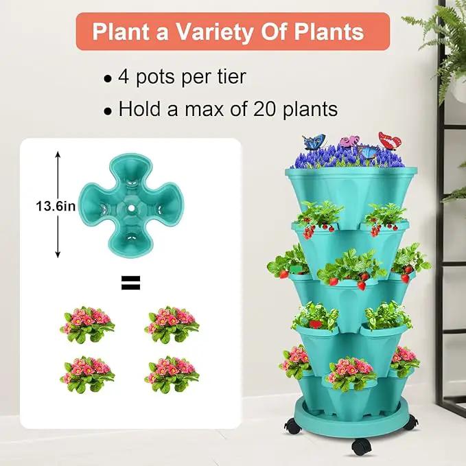 Vertical Planter, 5 Tier Stackable Strawberry Planter with Garden Tool Set, Movable Indoor/Outdoor Garden Herb Pot for Growing Vegetables and Succulents, Teal by GreenHaven Gardens
