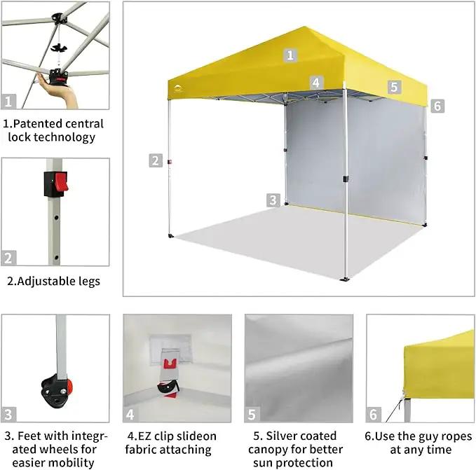 CROWN SHADES 8x8 Pop Up Canopy with 1 Side Wall - Beach Tent with One Push Setup - Outdoor Sun Shade for Events, Parties, Camping - Gazebo with STO-N-Go Cover Bag (Yellow) by GreenHaven Gardens