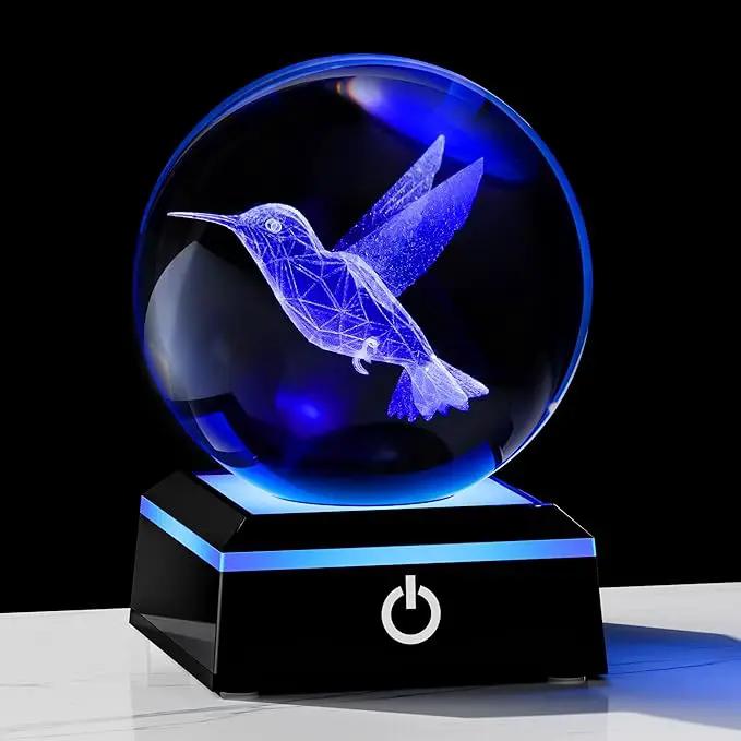 Qianwei 3D Crystal Ball Hummingbird Gift - 3.14'' 80mm Laser Decor Glass Animal Figurine Statue for Room Decorations With Night Light by GreenHaven Gardens