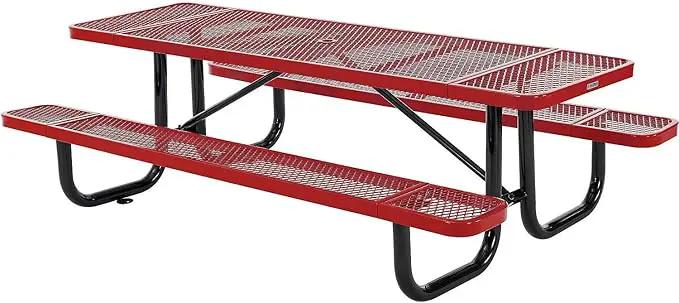 Global Industrial 8’L Rectangular Picnic Table, Expanded Metal, Red Thermoplastic Coating, Attached Benches, 1-1/2” Umbrella Pole Hole, Outdoor-Rated, 1000 lb Capacity, 96” x 30” Tabletop by GreenHaven Gardens