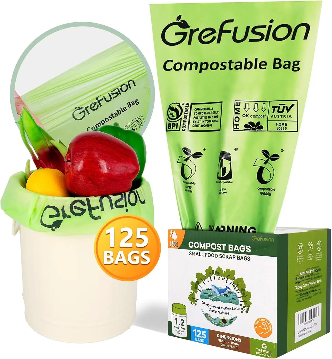 Compostable Bags for Kitchen Compost Bin, 1.2 Gallon, 125 Count, Certified by BPI and ASTM, Leakproof and Odor Control by GreenHaven Gardens