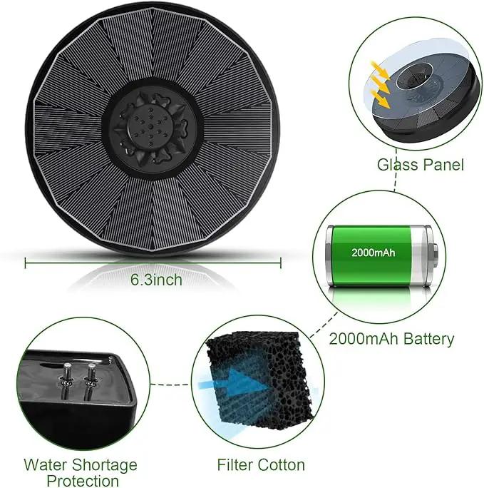 Solar Fountain with 2000 mAh Battery Backup Works in Cloudy, Glass Solar Powered Bird Bath Fountains with 7 Nozzles, 3.5 W Solar Fountain Pump for Birdbath,Garden, Outdoor, Pond (Black) by GreenHaven Gardens