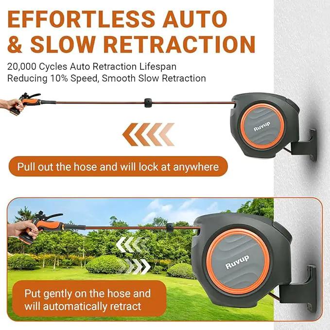 Ruvup Retractable Garden Hose Reel,1/2in x 150ft Water Hose Reel with Metal Bracket, UV Resistant Automatic Hose Reel Wall Mount for Outside, Slow Retraction Any Length Lock 10 Spray Nozzle by GreenHaven Gardens