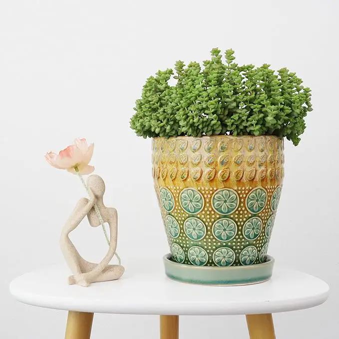 6 Inch Ceramic Planter with Drainage Hole and Saucer for Plants, Indoor-Outdoor Large Round Succulent Orchid Flower Pot, Set of 2 by GreenHaven Gardens