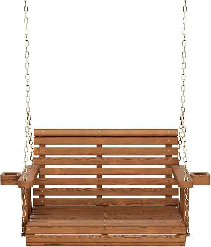 Amish Casual 3 Foot Roll Back Porch Swing with Cup Holders in Oak Stain - Amish Made in The USA from Treated Pine Heavy Duty 700 Lb. Weight Capacity by GreenHaven Gardens