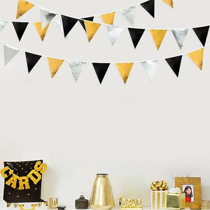 Black Gold Silver Party Decoration Triangle Pennant Banner Flag Metallic Fabric Bunting Garland for Birthday Graduation Anniversary Wedding Bridal Shower Bachelorette Engagement Disco Party Supplies by GreenHaven Gardens