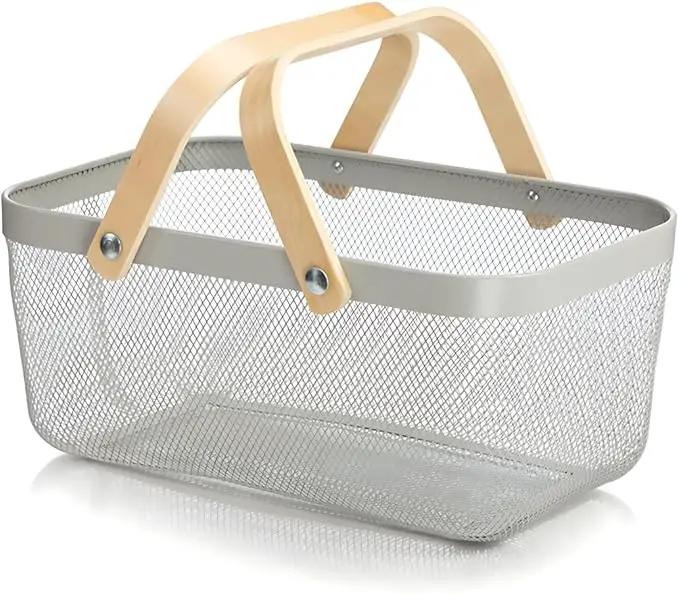 Wire Mesh Storage Organizer Basket Portable Garden Harvest Basket Fruit Basket Bin with Wood Handle Ideal for Kitchen Picnic Pantry Cabinets Storage Home Decor (Cold Gray) by GreenHaven Gardens