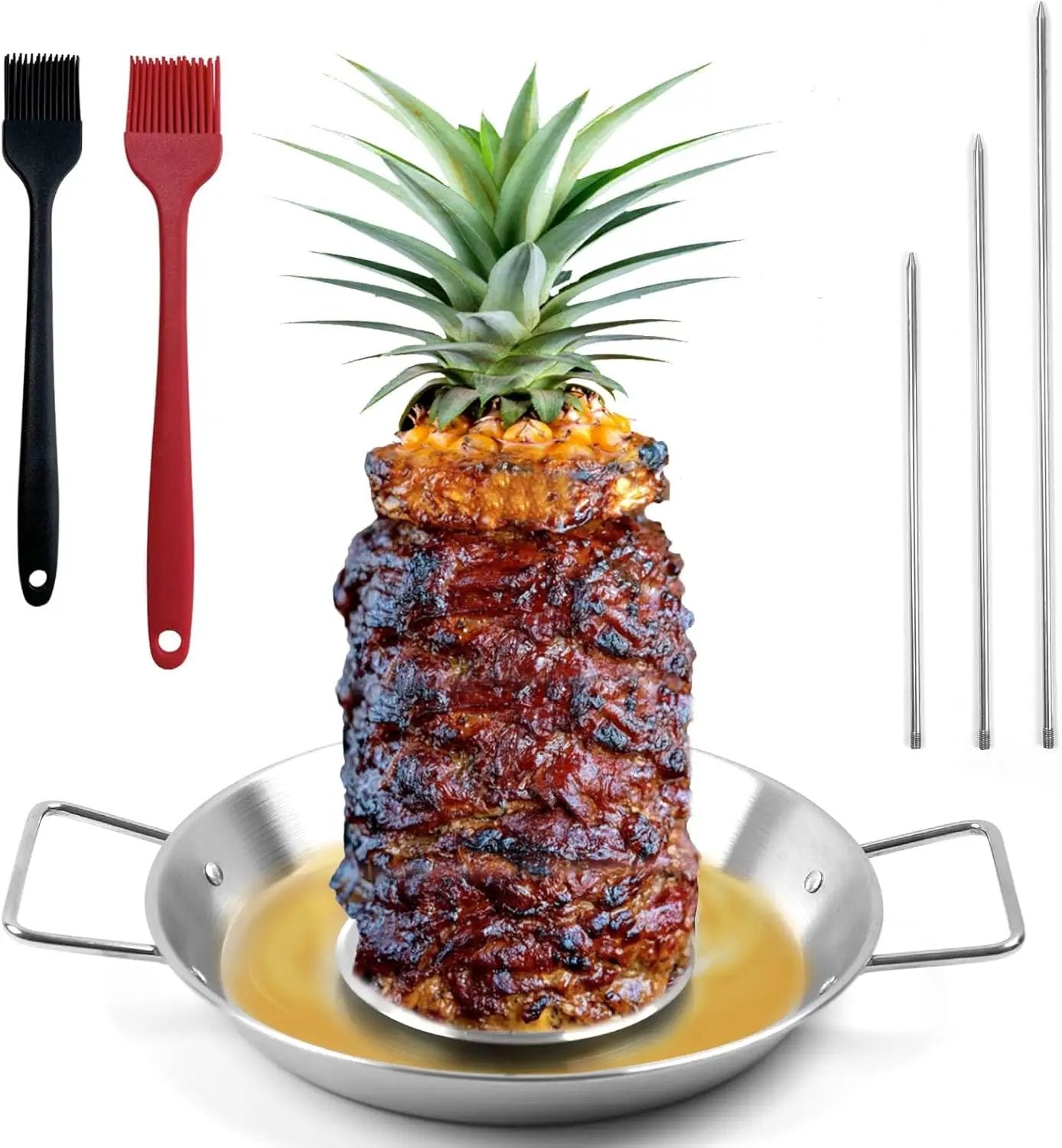 Fengzhe Al Pastor Skewer for Grill：Stainless Steel Vertical Skewer, Brazilian Spit Stand with 3 Spikes,2 Brushes,Ideal for Tacos Al Pastor,Shawarma, Kebabs on Smoker, Oven,with Fat Separator Tray by GreenHaven Gardens