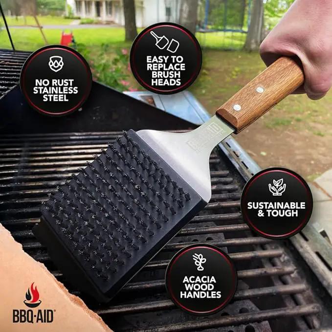 BBQ-Aid Grill Brush and Scraper for Barbecue – Grill Brush for Outdoor Grill with Extended, Large Wooden Handle and Replaceable Stainless Steel Bristles Head –No Scratch- BBQ Grill Brush for Any Grill by GreenHaven Gardens