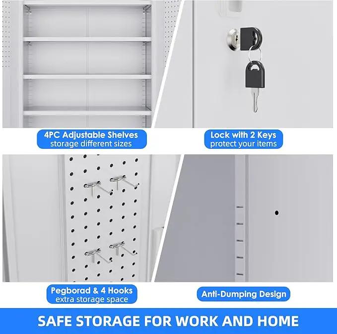 73" H Metal Storage Cabinet with Wheels, Pegboard and 4 Hooks, Garage Storage Cabinet with 4 Adjustable Shelves and 2 Lockable Doors for Garage Home Office, Basement, Assembly Required, White by GreenHaven Gardens