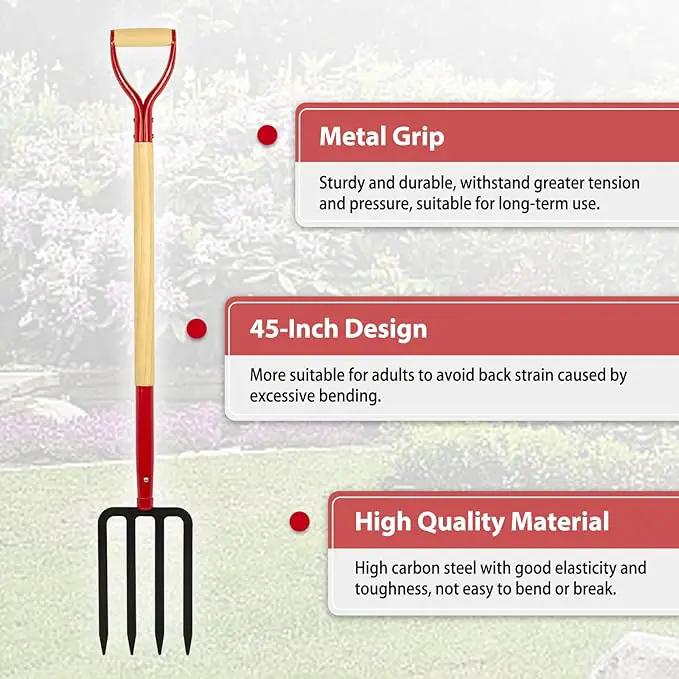 Heavy Duty Garden Fork for Digging, 4 Tines Pitch Fork for Gardening Compost, Garden Pitch Fork with Wooden Handle, 45 Inches by GreenHaven Gardens