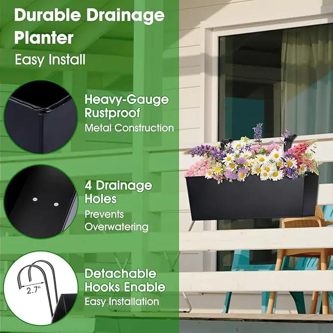 OGIMA 16-Inch Railing Planter Box, 3 Pack Large Hanging Planters for Outdoor Plants with Adjustable Wide Hooks for 2.7'' Railings - Balcony Planters Railing Hanging for Deck, Fence & Patio Decor by GreenHaven Gardens