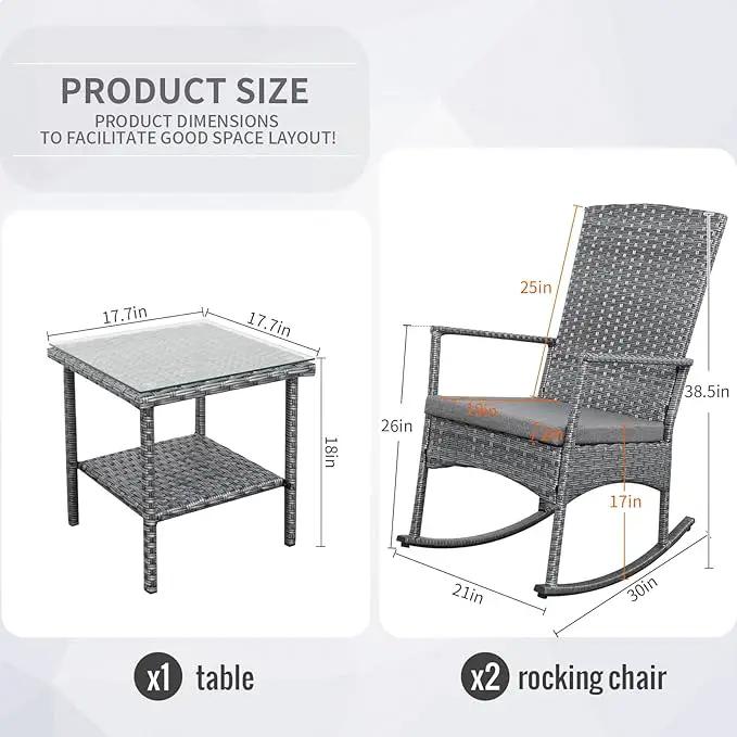 Outdoor Rocking Chair 3 Pieces High-Backed Rocking Chair Patio Rocking Chairs Outdoor Table and Chairs Anti-Slip Cushions Dark Grey by GreenHaven Gardens