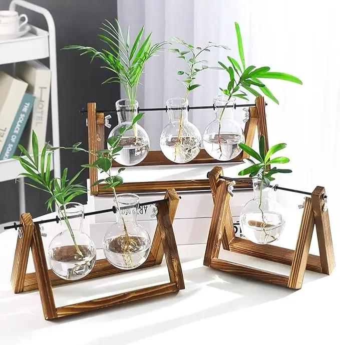 Kingbuy Plant Terrarium Propagation Station - 3 Glass Bulb Vases with Retro Wooden Stand Boho Desktop Planter for Hydroponics Home Garden Indoor Home Office Decor Unique Gifts for Women & Plant Lovers by GreenHaven Gardens