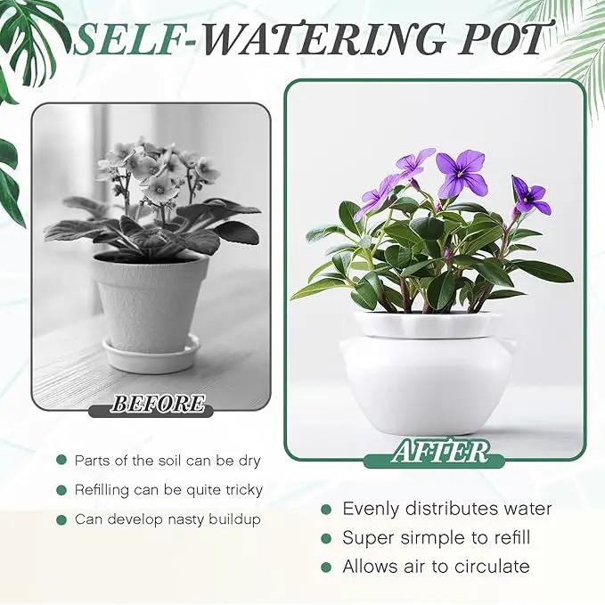 4 Set 6 Inches African Violet Pots Self Watering White Ceramic Pot for Indoor Plants, Flowerpot with Highly Absorbent Inner Pot for Busy Plant Lovers,Plant Care by GreenHaven Gardens