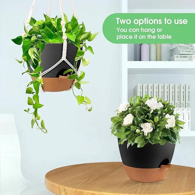 Hanging Planters for Indoor Outdoor Plants, 2 Pack Self Watering Hanging Pot with Drainage Holes, Removable Tray & 2 Kinds of Plant Hangers, 10'' Hanging Flower Pots for Home Garden Decor, Black by GreenHaven Gardens