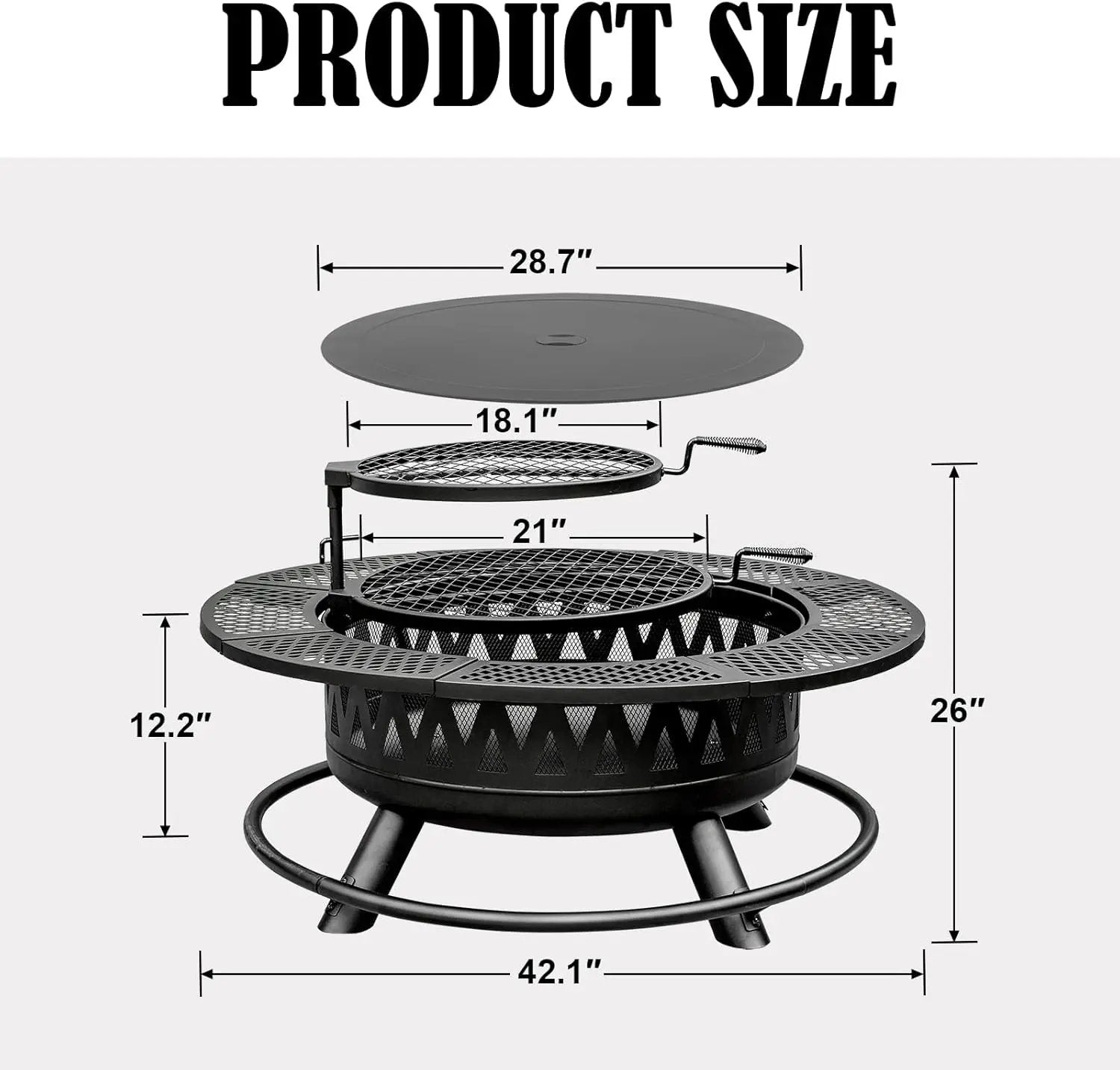 42 Inch Fire Pit with 2 Grills, Large Outdoor Firepits for Outside, Wood Burning Fireplace for Camping,Picnic,Bonfire, 3-in-1 Round Metal Table with Lid for Backyard,Patio,Party by GreenHaven Gardens