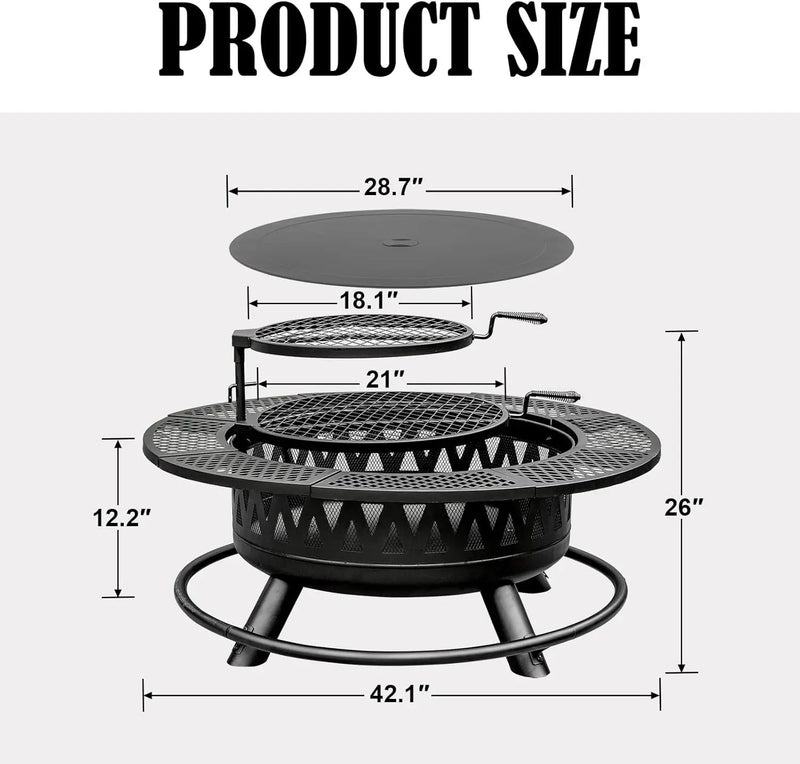 42 Inch Fire Pit with 2 Grills, Large Outdoor Firepits for Outside, Wood Burning Fireplace for Camping,Picnic,Bonfire, 3-in-1 Round Metal Table with Lid for Backyard,Patio,Party by GreenHaven Gardens
