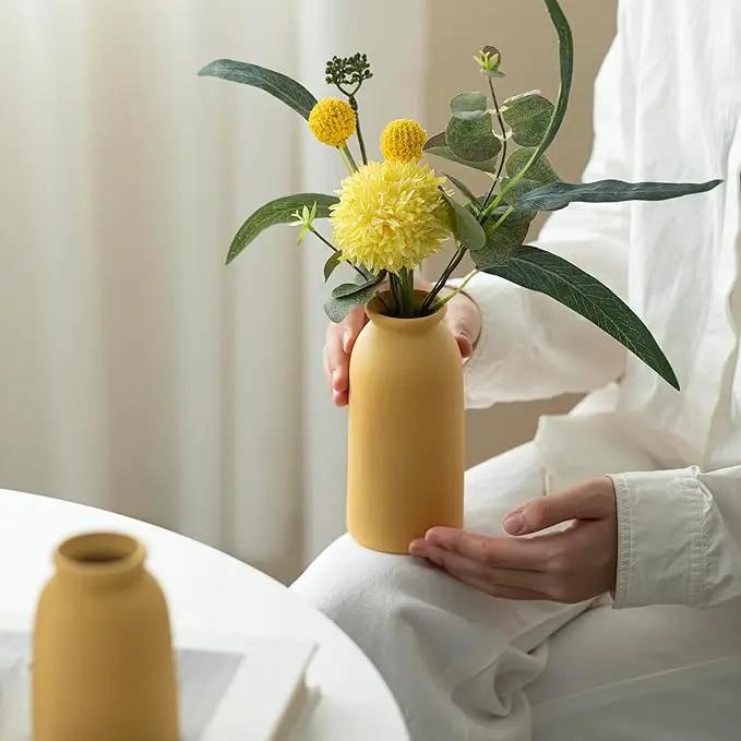 Ceramic Vase Set-3, Small Flower Vases for Decor, Modern Boho Farmhouse Style, Decorative Vases for Pampas Grass & Dried Flowers, Distressed Finish (Yellow) by GreenHaven Gardens