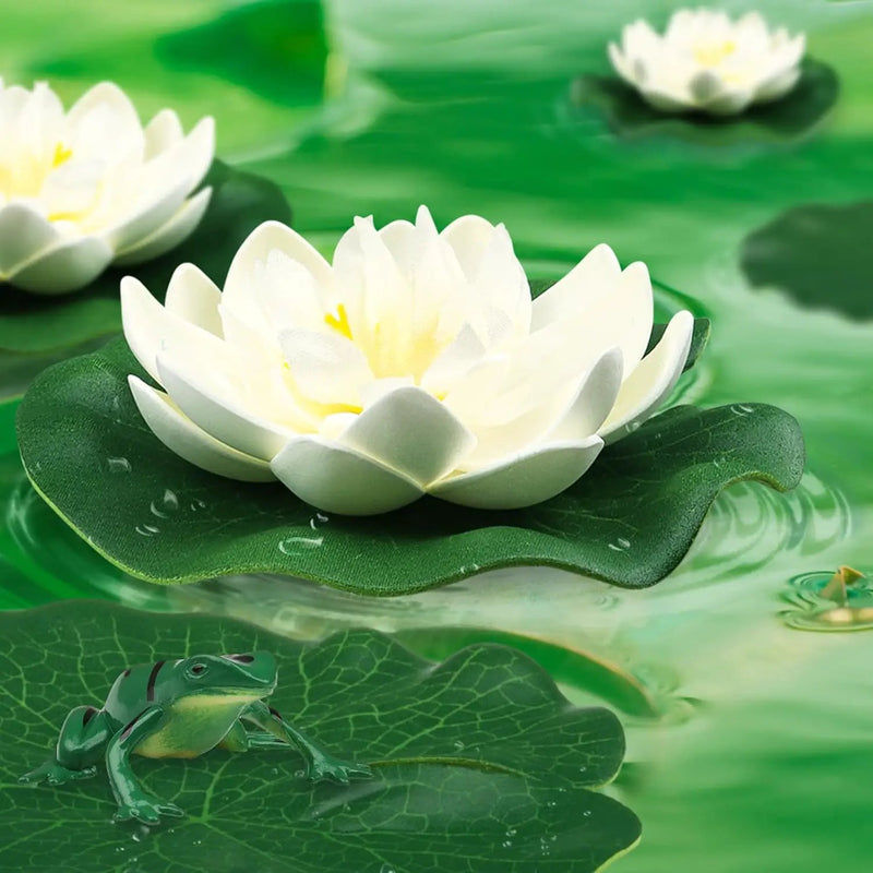 10pcs Artificial Floating Foam Lotus Flowers with Artificial Frog Lotus Leaves, Lily Pads for Lake, Pond Plants Ornaments for Pool Aquarium Water Decoration, White by GreenHaven Gardens