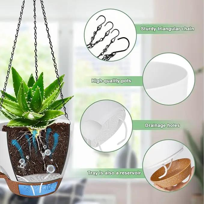 3 Pack Hanging Planter Indoor Outdoor Flower Pots 7/6.5/5 Inch, Self-Watering Hanging Pot with Drainage Holes Hanging Baskets Holder Plant Pots for Garden (White) by GreenHaven Gardens