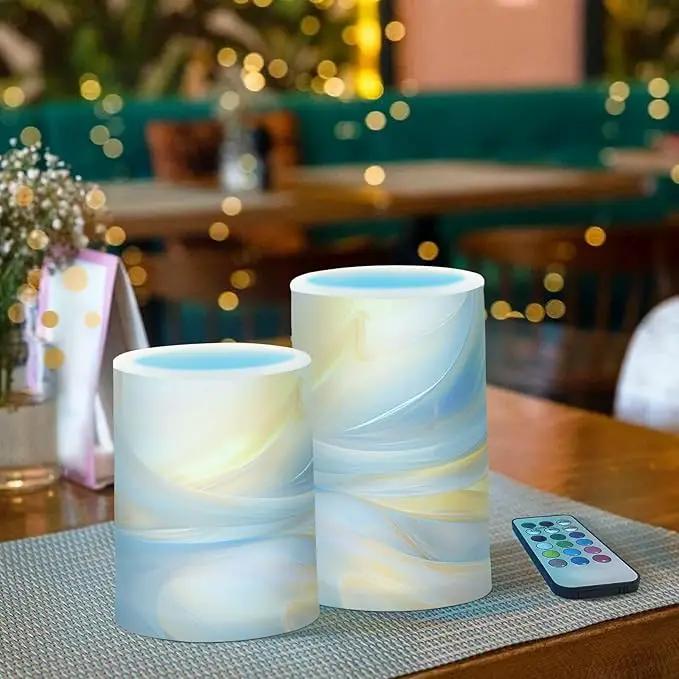 Flickering Flameless Candles, Blue Gold Marble LED Candles with Remote Timer, Set of 2 Battery Operated Candle for Valentine Wedding Birthday by GreenHaven Gardens