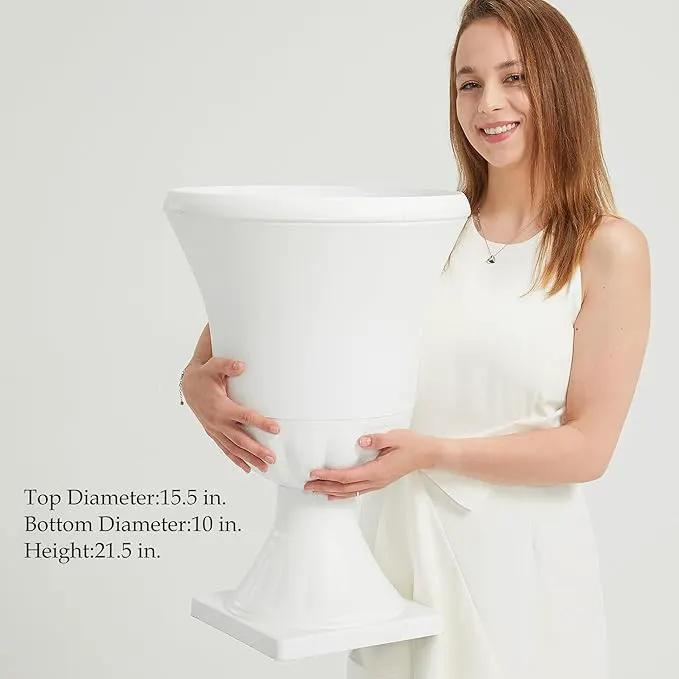 Worth Garden 2-Pack Plastic Urn Planters - 22'' Tall Round Classic Resin Flower Pots Pure White Traditional Large Plant Pots for Front Porch Patio Deck Wedding Decoration Pot - Indoor & Outdoor by GreenHaven Gardens