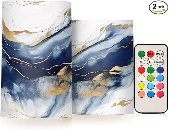 Flickering Flameless Candles, Drak Blue Golden Marble LED Candles with Remote Timer, Set of 2 Battery Operated Candle for Valentine Wedding Birthday by GreenHaven Gardens