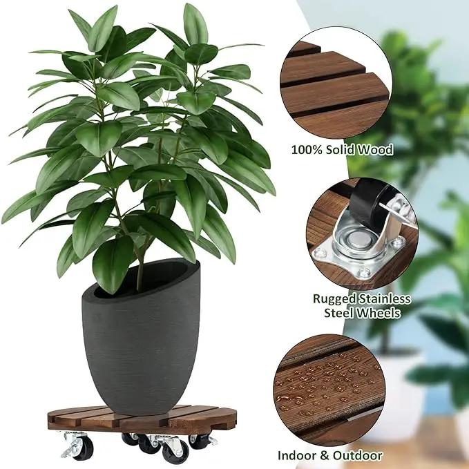 Yangbaga 2pack Plant Caddy 12’’Wood Duty Rolling Plant Stand with 2 360° Lockable Caster Wheels,Indoor Outdoor on Roller Patio/Flower Pot/Succulent Pots by GreenHaven Gardens