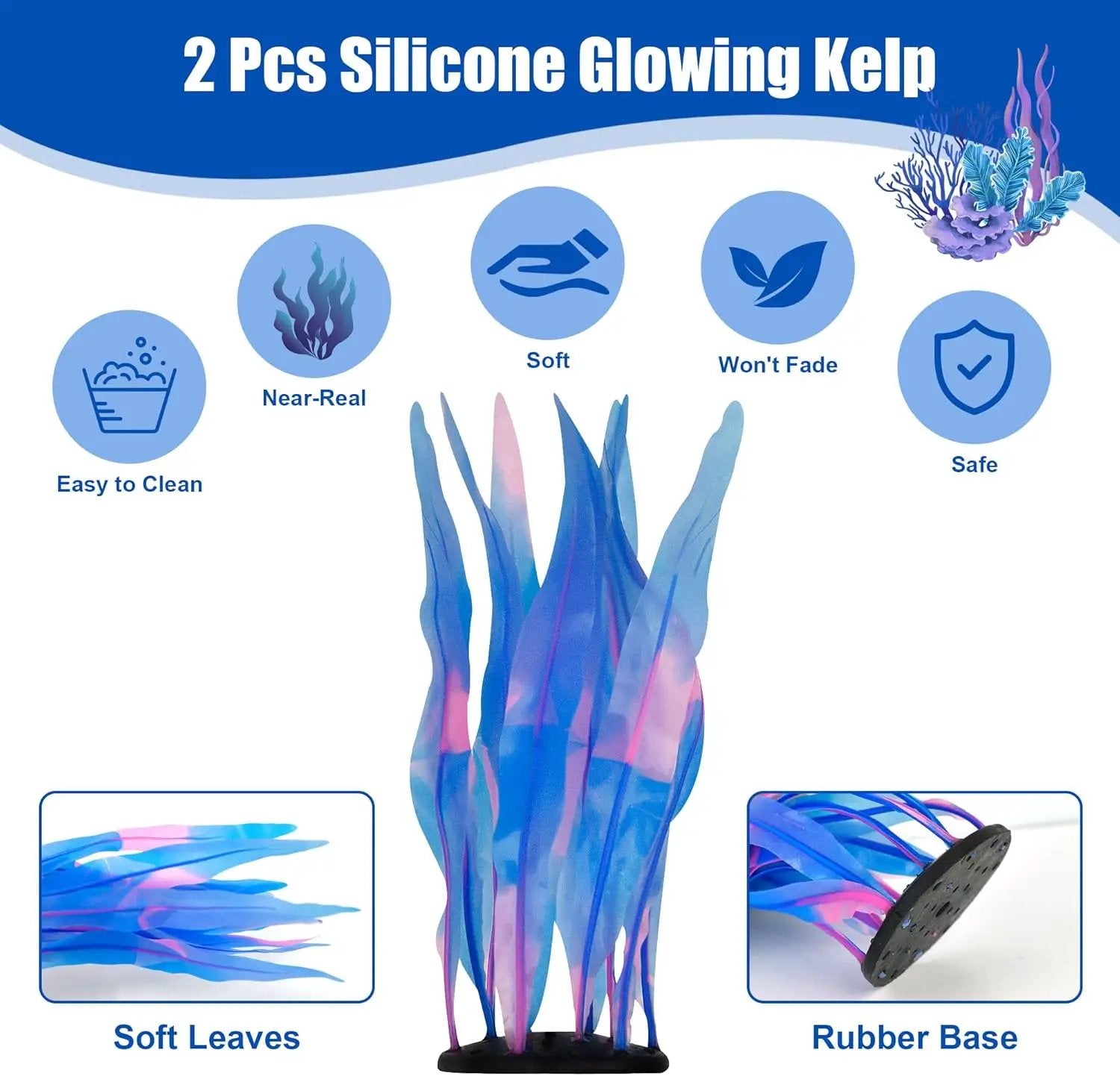 Kaiyuan Dynasty 2pc Silicone Aquarium Plants Artificial Plants for Fish Tank Glowing Kelp Aquarium Plant Decor Fish Tank Plants Simulation Artificial Water Grass,7inch,Blue by GreenHaven Gardens