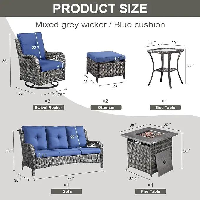Outdoor Patio Furniture Set with Propane Fire Pit Table, 7 Pieces Wicker Patio Conversation Set with 2 Swivel Glider Rocker Chairs Rattan Sofa Blue Cushion Perfect for Casual Gathering Gray by GreenHaven Gardens