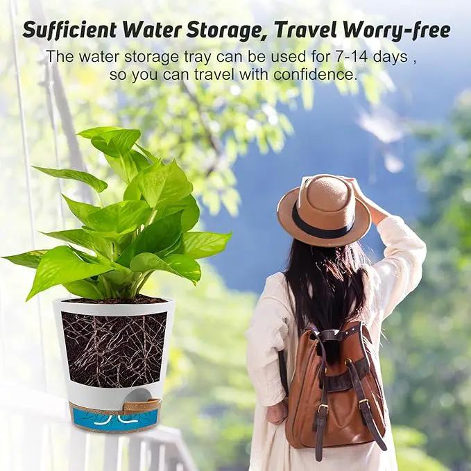 8-Inch Plant Pots, Self-Watering Planters with Drainage Holes & Saucers for Indoor and Outdoor Plants (2-Pack, White) by GreenHaven Gardens