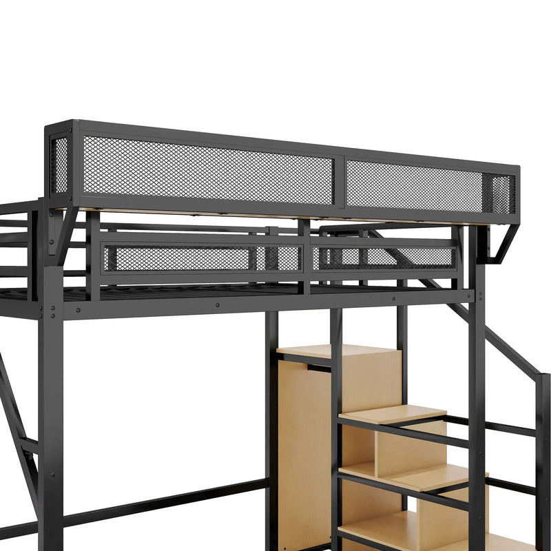 Loft Bed With Stairs, Storage Shelves, Wardrobe