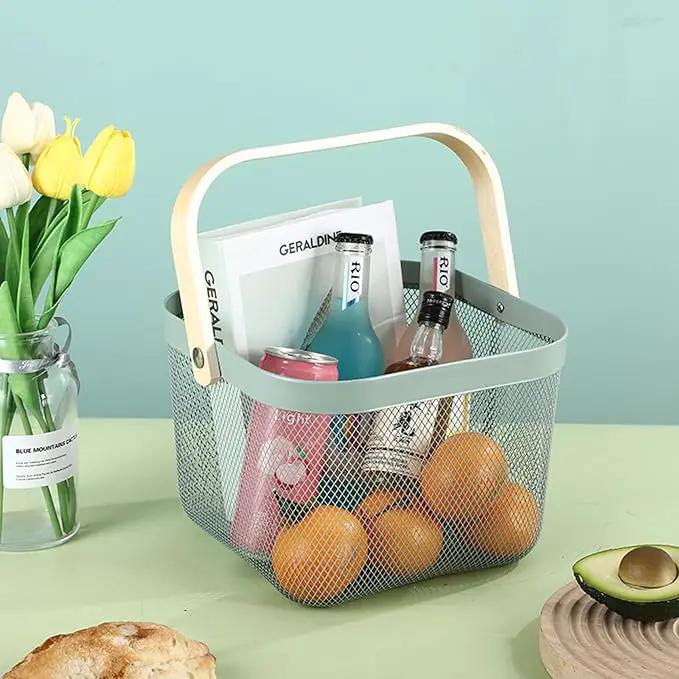 Metal Mesh Steel Basket, Storage Organizer Basket Multi-functional Hanging Kitchen Basket Fruit Basket Bin with Bamboo Handle, 9.84 x 10.2 x 7 inch, Mint Green by GreenHaven Gardens