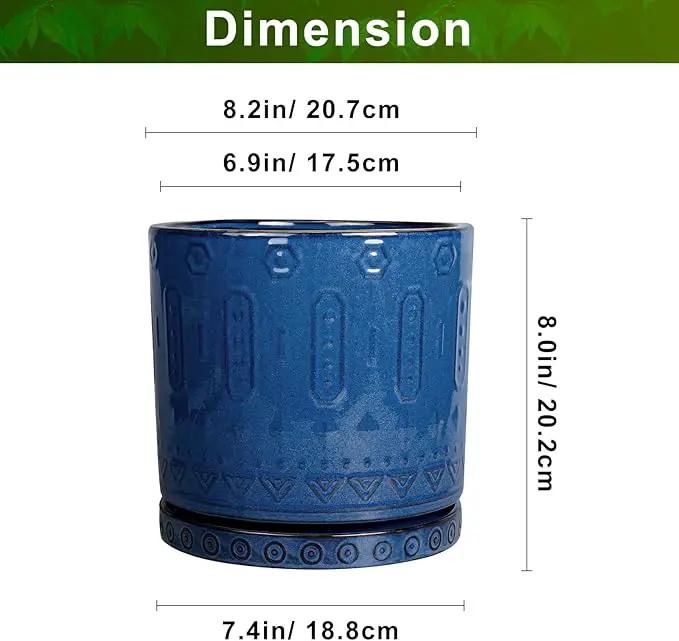 Ceramic Planter - 8 Inch Plant Pot Indoor with Drainage Holes and Saucer Round Planter Outdoor Mid-Century Modern Flower Pot Succulent Pot for Home Decor Blue by GreenHaven Gardens