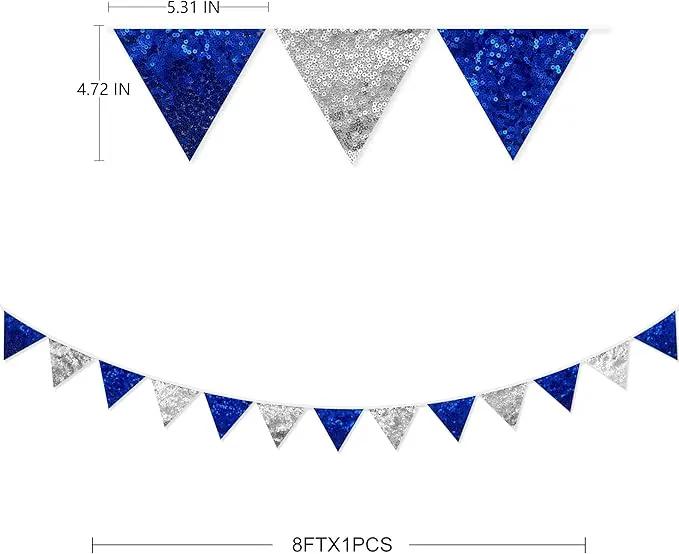 Pinkblume Silver Blue Double Sided Sequin Fabric Triangle Pennant Banner Flag Bunting Garland for Nautical Ahoy Anchor Theme Nursery Home Classroom Wall Decor by GreenHaven Gardens