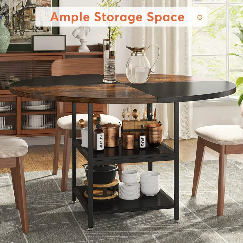 Round Dining Table For 4 With Storage Shelf - Brown / Black