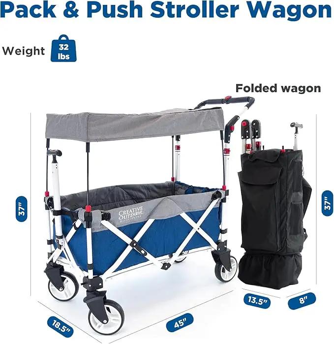 Creative Outdoor Push Pull Stroller Wagon for Kids,150lbs Weight Capacity, Collapsible Folding Cart with Canopy, Silver Series Plus, Beach, Park, Garden & Tailgate (Blue/Gray) by GreenHaven Gardens