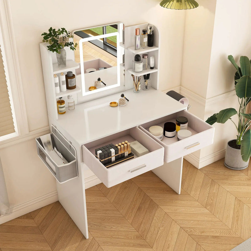 Elegant LED Mirror Vanity Dressing Table With Adjustable Lights, Drawers & Storage - White by Unique Piece Furniture