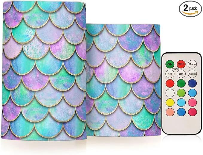 Vdsrup Flameless Candles Set of 2 Purple Teal LED Candles with Timer Battery Operated Mermaid Scale Candle Lights Flickering with Remote for Home Bedroom Decor by GreenHaven Gardens