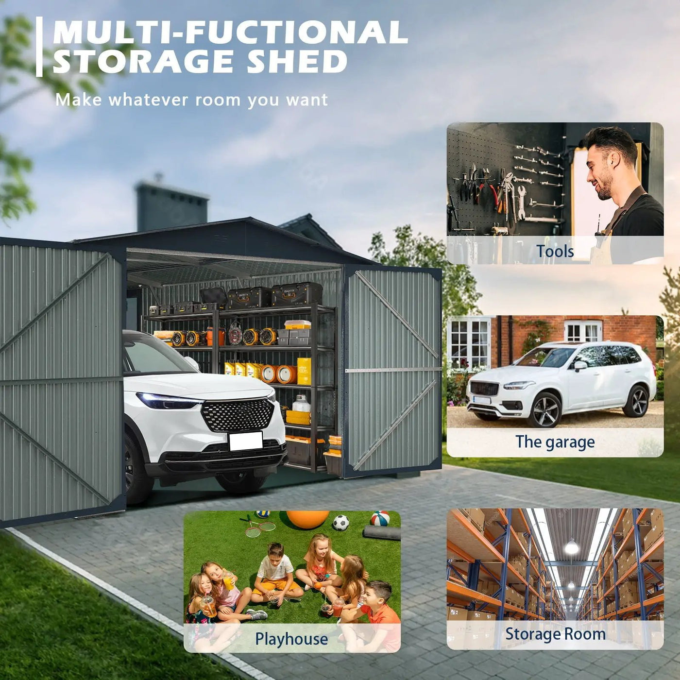 Outdoor Storage Shed, Garden Shed Backyard Utility Tool House Building With 2 Doors And 4 Vents For Car, Truck, Bike, Garbage Can, Tool, Lawnmower by HouseOfZazla
